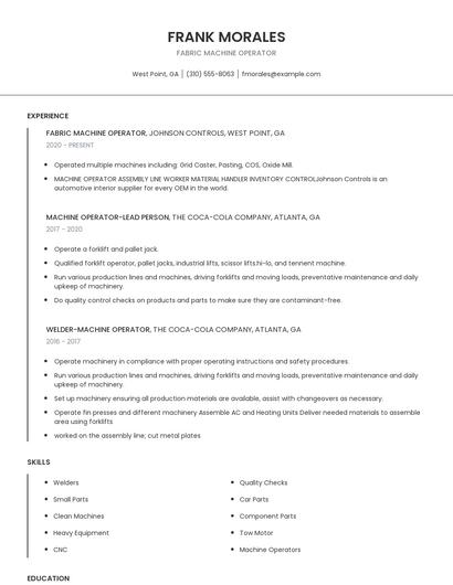 Fabric Machine Operator Resume