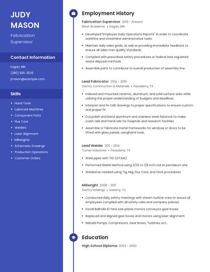 Fabrication Supervisor Resume