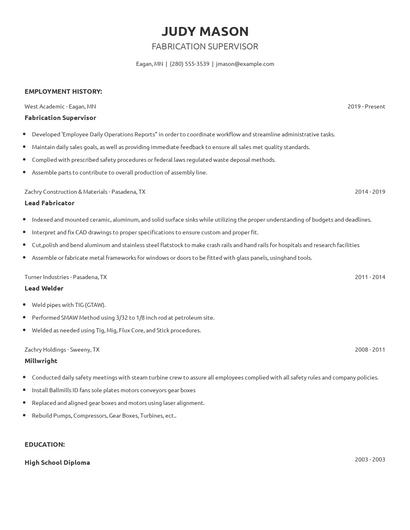 Fabrication Supervisor Resume