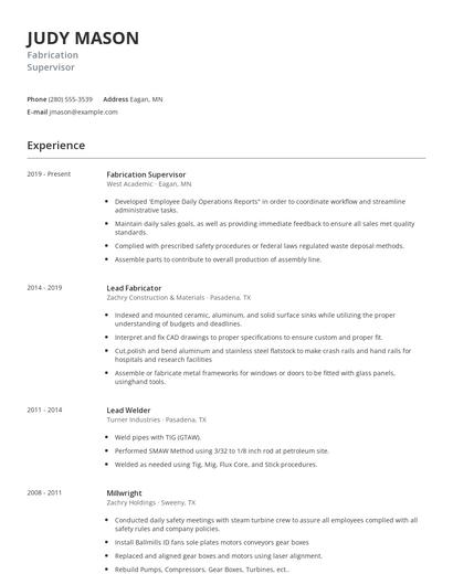 Fabrication Supervisor Resume