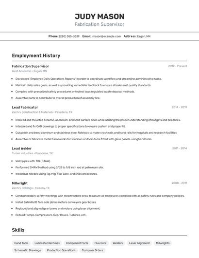 Fabrication Supervisor Resume