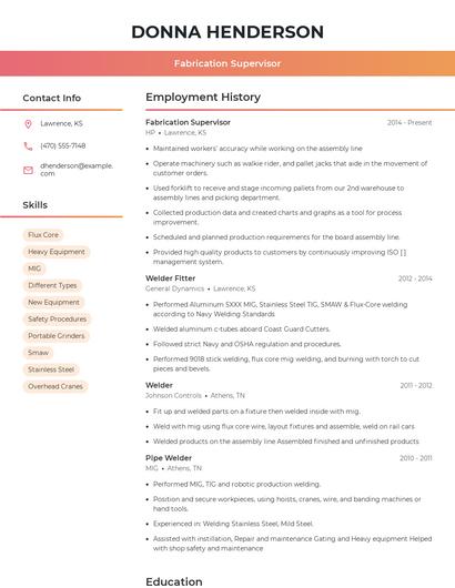 Fabrication Supervisor Resume