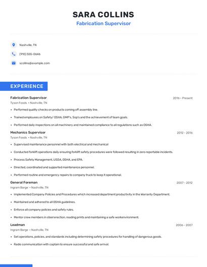 Fabrication Supervisor Resume