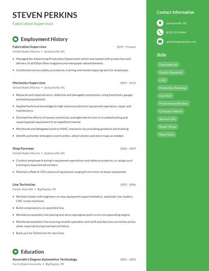Fabrication Supervisor Resume