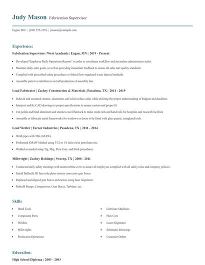 Fabrication Supervisor Resume