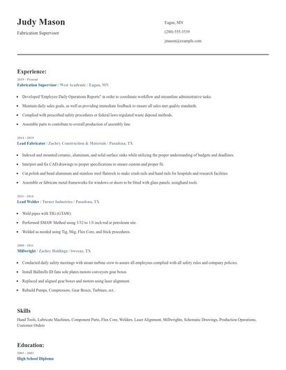 Fabrication Supervisor Resume