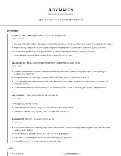 Fabrication Supervisor Resume