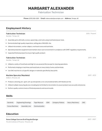 Fabrication Technician Resume