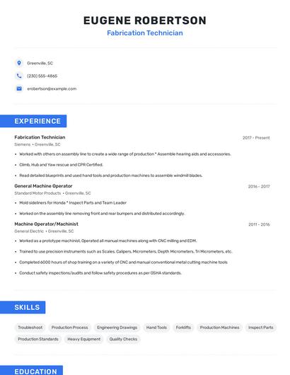 Fabrication Technician Resume