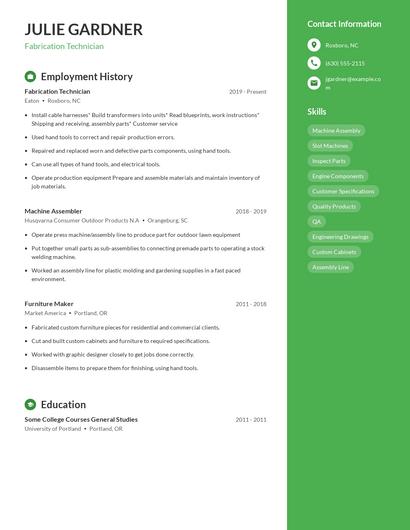 Fabrication Technician Resume