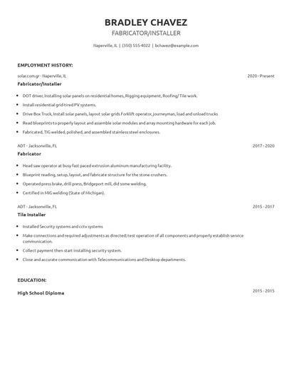 Fabricator/Installer Resume
