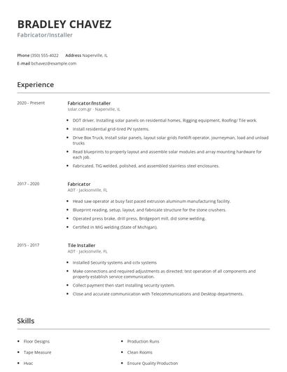 Fabricator/Installer Resume