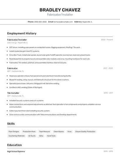 Fabricator/Installer Resume