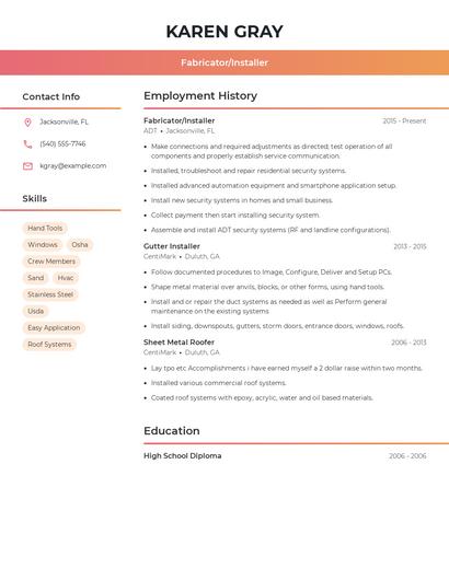 Fabricator/Installer Resume