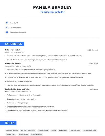 Fabricator/Installer Resume