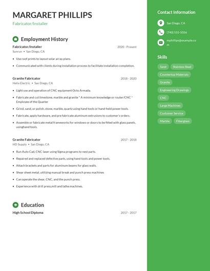 Fabricator/Installer Resume