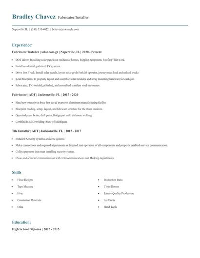 Fabricator/Installer Resume