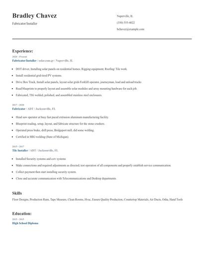 Fabricator/Installer Resume