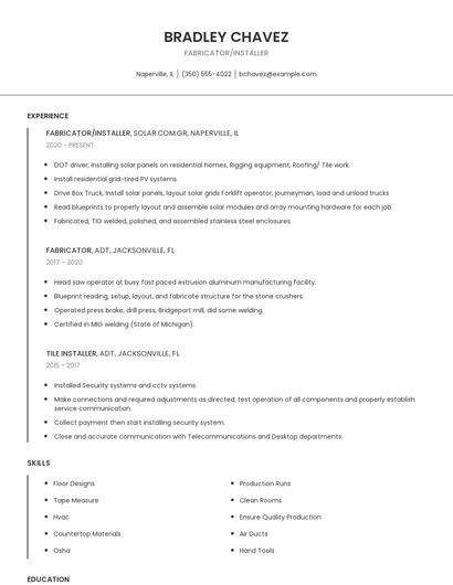 Fabricator/Installer Resume