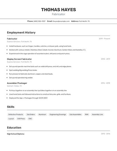 Fabricator Resume