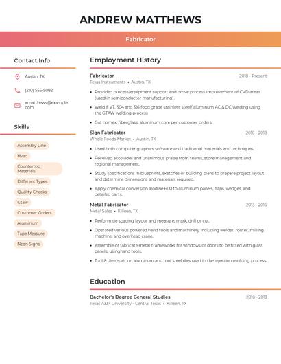 Fabricator Resume