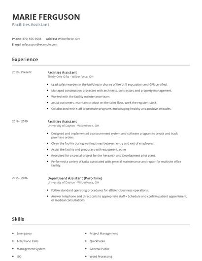 Facilities Assistant Resume