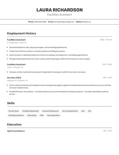 Facilities Assistant Resume