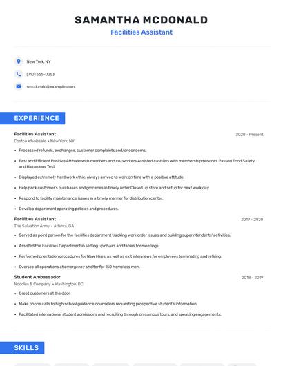 Facilities Assistant Resume
