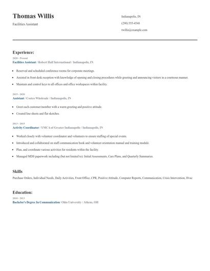 Facilities Assistant Resume