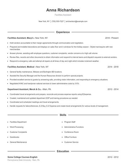 Facilities Assistant Resume