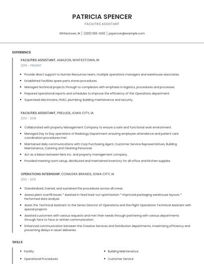 Facilities Assistant Resume