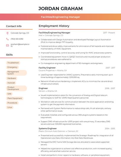 Facilities/Engineering Manager Resume