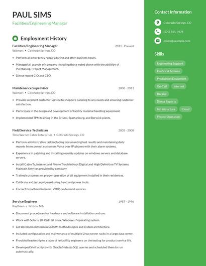 Facilities/Engineering Manager Resume