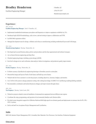 Facilities/Engineering Manager Resume