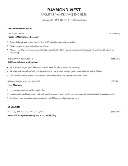 Facilities Maintenance Engineer Resume