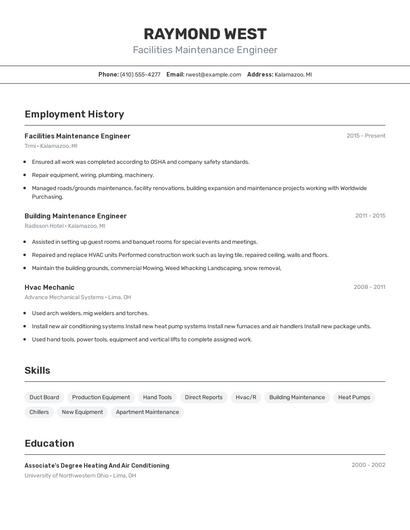 Facilities Maintenance Engineer Resume