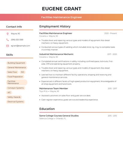 Facilities Maintenance Engineer Resume