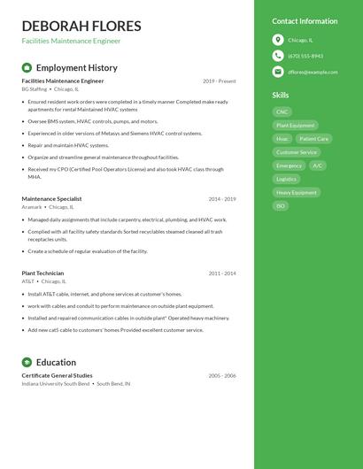 Facilities Maintenance Engineer Resume