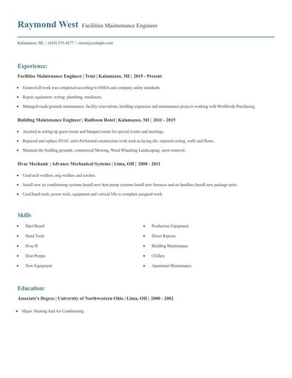 Facilities Maintenance Engineer Resume