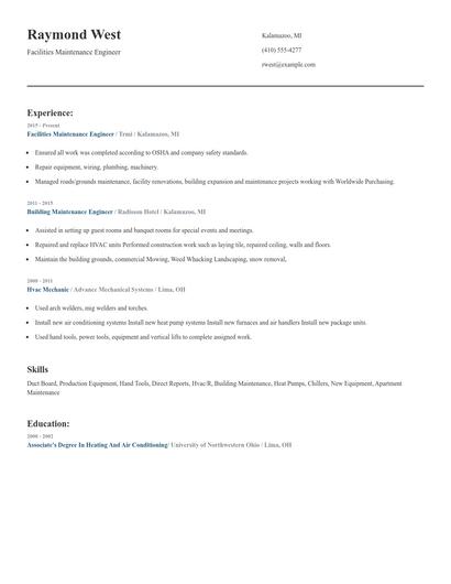 Facilities Maintenance Engineer Resume