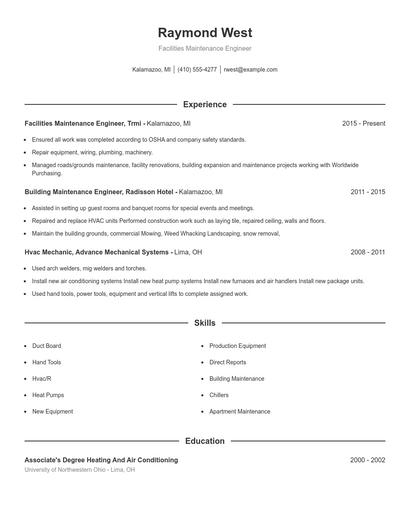 Facilities Maintenance Engineer Resume