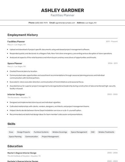 Facilities Planner Resume