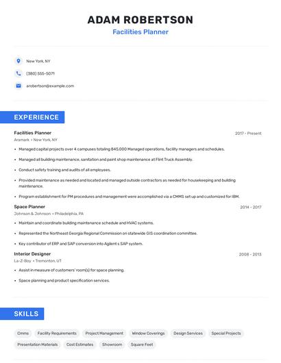 Facilities Planner Resume