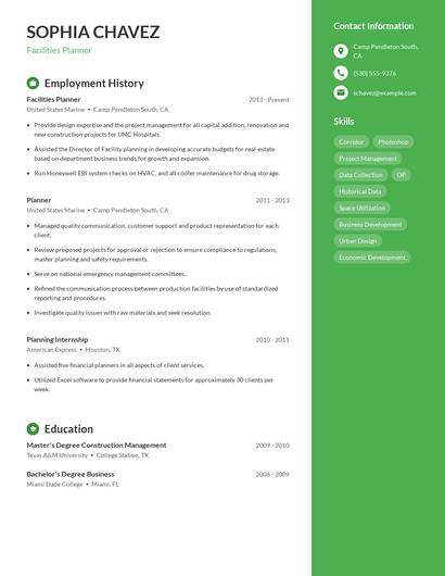 Facilities Planner Resume