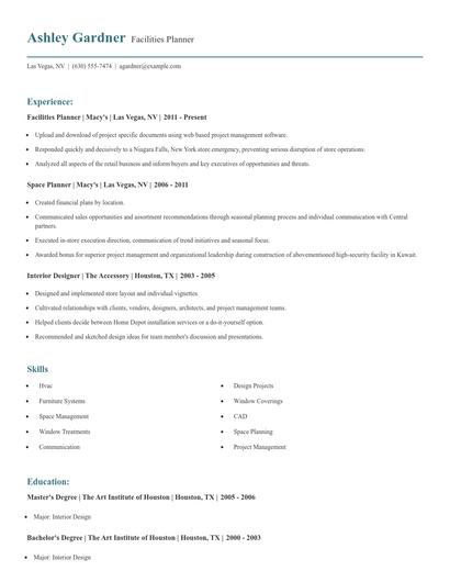Facilities Planner Resume