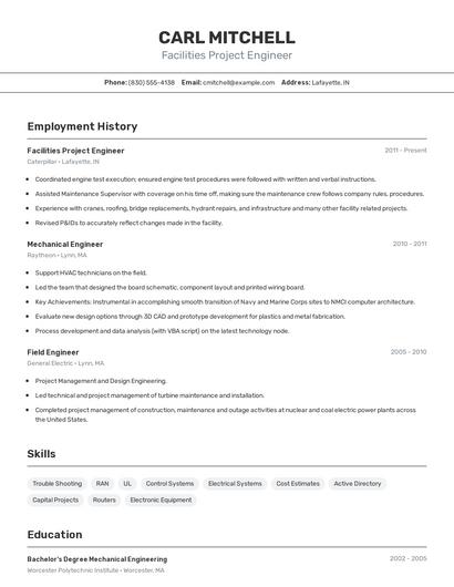 Facilities Project Engineer Resume