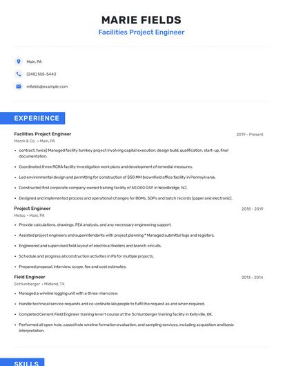Facilities Project Engineer Resume