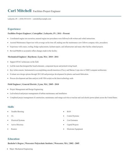 Facilities Project Engineer Resume