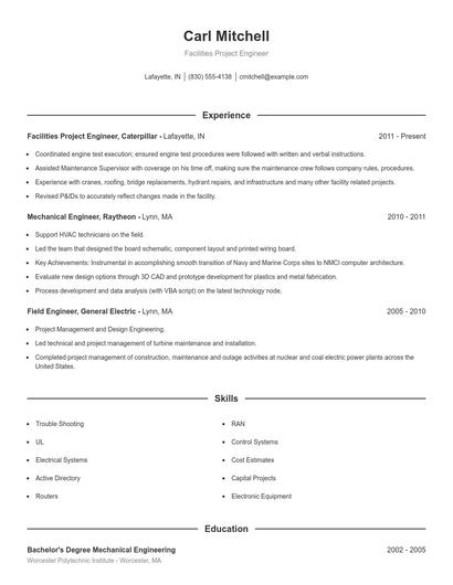 Facilities Project Engineer Resume