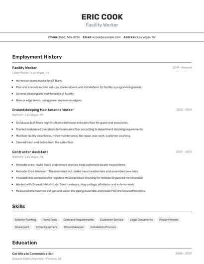 Facility Worker Resume